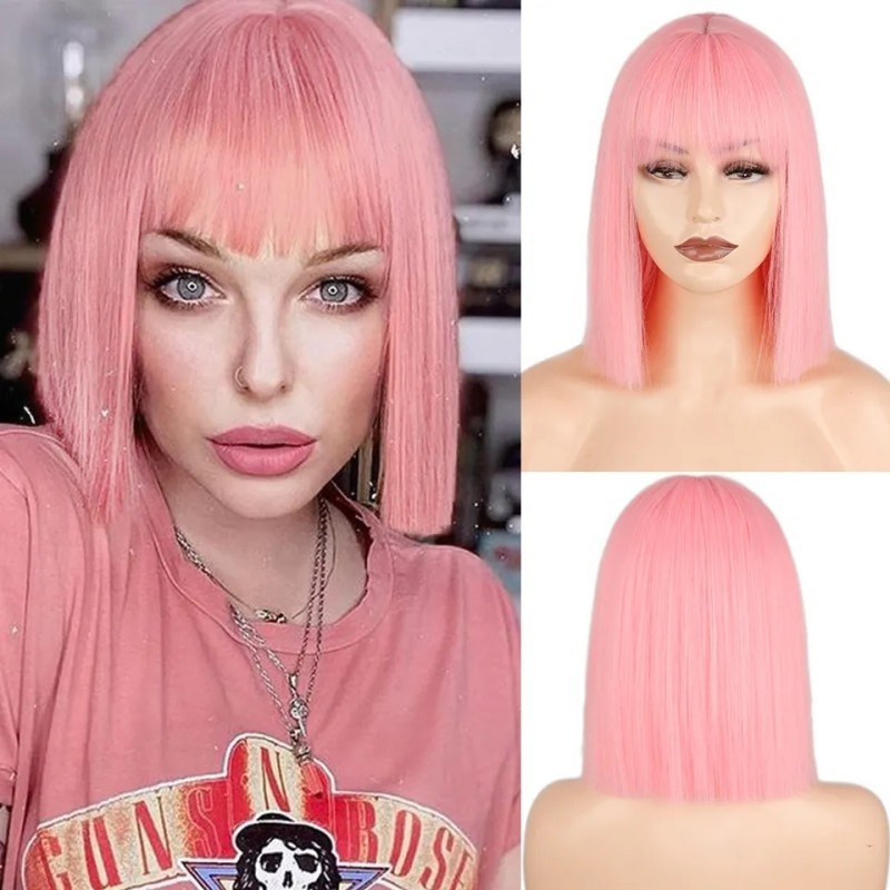 Wig wanita lurus dengan poni u - Wig Fiber Net ulasan dan harga